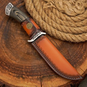 Couteau de camping d'extérieur, lame en acier Damas, manche en bois, étui en cuir, couteau personnalisé OEM - Product Image 6