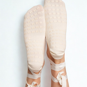 <b>Custom</b> Logo Ballet Style <b>Grip</b> <b>Socks</b> with Ribbon Straps Anti-Slip Knitted Cotton Ankle Length for Women Spring Season - Product Image 2