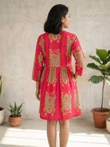 Pink Embroidered Digital Animal Boho <b>Dress</b> <b>Bell</b> <b>Sleeve</b> A-Line Mini Casual Daily Summer Pockets Washable Natural Woven Cotton - Product Image 2