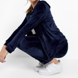 Women <b>Navy</b> Velvet 2 1 Eco-Friendly Tracksuit Set Hooded Full Length Pants Drawstring Side Pockets Floral Embroidery Casual Wear - Product Image 5