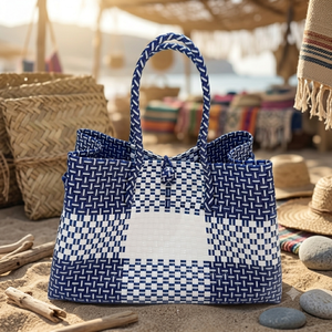 <b>Hand</b> Woven Recycled Plastic Tote Bag Eco Friendly Reusable Market Basket Handmade Waterproof Shopping Handbag For Summer Beach - Product Image 5