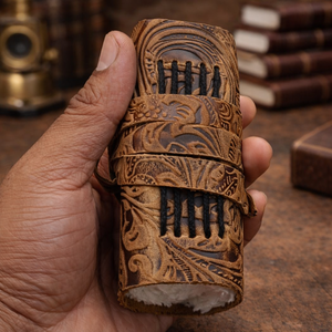 Carnet en cuir miniature fait main à motifs floraux - Carnet de poche marron vintage avec motif floral en relief et papier à bords festonnés - Product Image 3