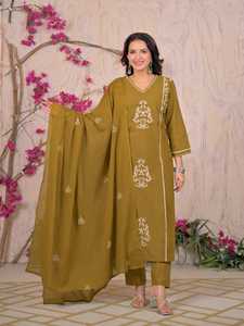 Ensemble de costume droit brodé vert olive de qualité supérieure avec pantalon et dupatta assortis pour femme, idéal pour les occasions festives et ethniques - Product Image 1