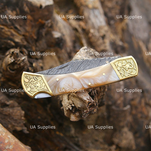 Damascus Steel Professional Folding Knife Hand Engraved Brass Bolster Resin Handle Pocket Hunting Knife OEM Supplier Private - Product Image 4