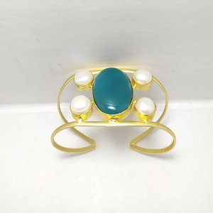 <b>Gemstone</b> Cuff <b>Bracelet</b> with Pearls and Green Onyx Gold Adjustable Open Bangle Design Fashion Cuff <b>Bracelets</b> - Product Image 3