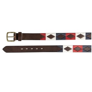 Cinturón de Cuero Hecho a Mano con Patrón Gaucho en Color Crema, Marrón y Azul Marino, Estilo Polo Tradicional para Hombre y Mujer - Product Image 2