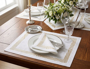 Embroidered Beige Geometric Pattern Customizable <b>Place</b> <b>Mat</b> Napkin Sets Cotton Machine Washable Luxury Style Home Wedding Use - Product Image 1
