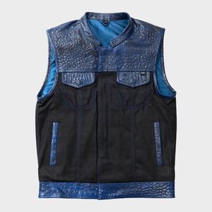 Veste en cuir et denim pour homme, bleu wax, style motard - Product Image 1