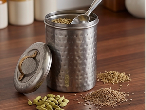 Hammered Metal Food Container With <b>Lid</b> Round Industrial Design Handcrafted Storage <b>Bin</b> For Kitchen Use And Home Use - Product Image 5