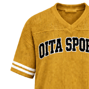 Mustard <b>Yellow</b> Knit V Neck Sports Jersey Short Sleeve Stripe Detail Lightweight Custom Oversized Casual Athletic Team <b>Shirt</b> - Product Image 6