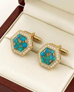 Boutons de manchette hexagonaux turquoise avec accent en cristal doré, bijoux de luxe pour homme, cadeau pour mariage, affaires, occasions formelles, Noël, fiançailles, fête - Product Image 4