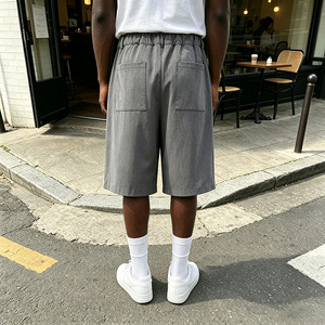 Men's Gray Pleated Bermuda <b>Shorts</b> Mid Waist Button Fly Solid Oxford Fabric Casual Style Breathable <b>Woven</b> Cotton <b>Shorts</b> - Product Image 3