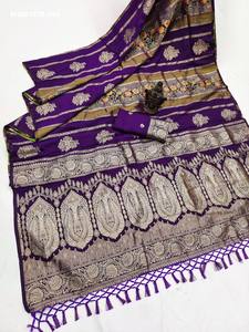 Sari Banarasi Khadi Georgette de qualité supérieure avec motif tissé intégral et pallu riche en broderie Zari - Fournisseur indien - Product Image 4