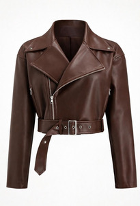 <b>Women's</b> Brown Leather Fashion Jacket <b>Belted</b> Biker <b>Coat</b> Zipper Closure Long Sleeve Regular Fit Streetwear - Product Image 3
