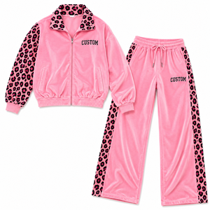Pink <b>Velour</b> <b>Tracksuit</b> <b>Women</b> Leopard Print Contrast Sleeves Wide Leg Trousers Custom Logo Fashionable Velvet Set OEM Wholesale - Product Image 3