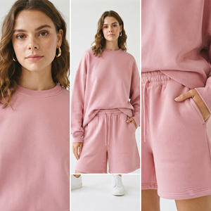 Ensemble décontracté en molleton pour femme : short à taille mi-haute avec cordon de serrage et sweat-shirt à manches longues et épaules tombantes, 100% coton - Product Image 4