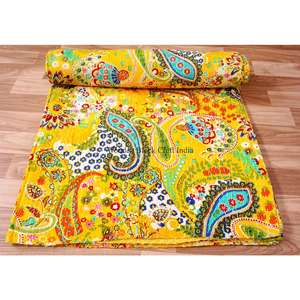 Colcha Kantha de algodón 100% orgánico, hecha a mano, de alta calidad, con estampado paisley amarillo vintage, ecológica, de doble tamaño, para todas las estaciones. - Product Image 4