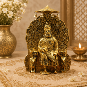 Murti de Khatu Shyam Ji hecho a mano en latón sobre Singhasan con Chhatra, pieza decorativa para el templo y la decoración del hogar. - Product Image 4