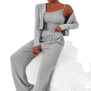 Ensemble 2 pièces tricoté en toile 100 % coton pour femme, personnalisé par le fabricant, respirant, délavé, uni, décontracté, printemps/été - Product Image 3