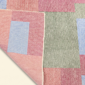 Tapis tufté à la main rose et vert pastel, antidérapant, écologique, motif géométrique abstrait moderne, blocs de couleur, à poils épais pour - Product Image 6