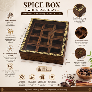 Luxury Wooden <b>Spice</b> <b>Box</b> with Brass Inlay | Handcrafted Masala Dabba Organizer with Glass Lid | Premium Kitchen Storage Case - Product Image 5
