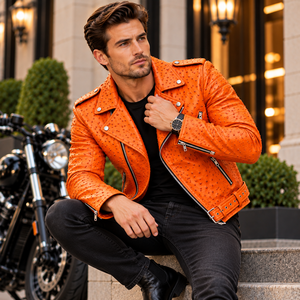 Men’s Ostrich Leather <b>Biker</b> <b>Jacket</b> Orange Embossed Motorcycle <b>Jacket</b> Asymmetrical Zip Belted Moto <b>Jacket</b>/Luxury Outerwear - Product Image 4