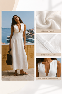 Premium Woven Linen Bohemian Eco-Friendly Vintage High Neck Short Sleeve Structured <b>Maxi</b> Dress High Quality <b>White</b> Bulk - Product Image 5