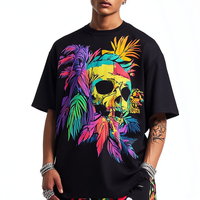 T-shirt noir surdimensionné personnalisé de qualité supérieure avec motif floral de crâne imprimé en sérigraphie, 100 % coton, respirant, séchage rapide, écologique