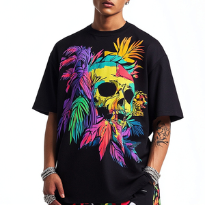 T-shirt noir surdimensionné personnalisé avec imprimé graphique floral de crâne, en coton doux, style streetwear hip-hop, mode masculine - Product Image 5