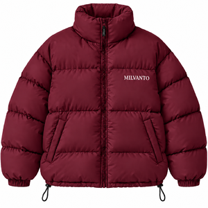 Blouson matelassé personnalisé bordeaux pour homme, chaud et rembourré, avec col montant, fermeture éclair intégrale, coupe oversize et broderie - Product Image 1