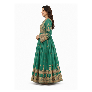 Manufactures <b>Green</b> <b>Silk</b> Embroidered Traditional Indian Pakistani Women's Loose Fit Floor Length Wedding Dress Afghan Kuchi Dress - Product Image 5