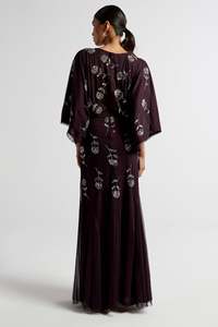 Elegante Vestido de Noche Morado de Gasa con Lentejuelas Florales, Antirarrugas, Silueta Tubo, Un Hombro Descubierto y Manga Capa, Largo hasta el Suelo - Product Image 4