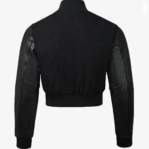 Veste universitaire noire pour femme, manches longues, col montant, couleur unie, coupe courte, pour l'automne - Product Image 2