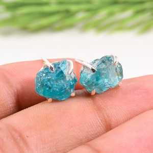 Handmade Raw <b>Blue</b> Apatite <b>Stud</b> <b>Earrings</b> Sterling Silver Healing Crystal Jewelry - Product Image 5
