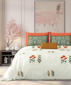 Ensemble de linge de lit King-Size blanc laiteux doux et confortable de qualité supérieure 100% coton imprimé feuilles motif drap plat 2 taies d'oreiller - Product Image 2