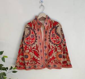 Custom Hand Embroidered Camel Velvet Suzani Jacket Women Reversible Paisley Short Coat Wholesale Ethnic Boho Outerwear - Product Image 3