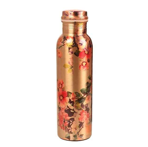 ALTAMASH CRAFT Floral Design Copper Water Bottle 1000ml <b>Portable</b> Travel Drinkware Black White Pattern Lid Included Gift - Product Image 2