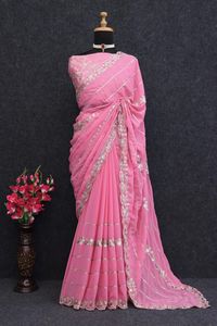Sari Indio Premium Exclusivo de Tela Georgette Suave con Bordado, Elegante Traje Tradicional para Novia, Vestido de Boda - Product Image 2