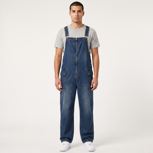 <b>Men's</b> Heavyweight Cotton Breathable Screen Printed Zip-Front Denim <b>Overalls</b> Custom OEM Cargo Bib Dungarees <b>for</b> Workwear - Product Image 1