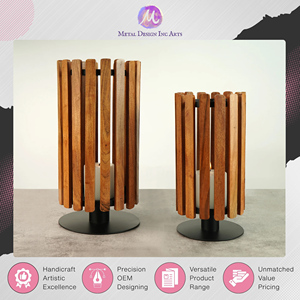 Support à bougie hurricane en fer et bois d'acacia de qualité supérieure, noir et marron, parmi les plus vendus, provenant d'un fournisseur d'origine indienne - Product Image 6
