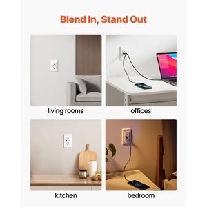 Station de charge murale USB 24 W 15 A, prise électrique anti-effraction, 1 port Type C, 1 port Type A, 2 prises CA à trois broches - Product Image 6