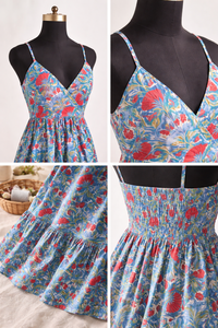 Robe d'été en coton pour femme, col en V, bretelles, boutonnée, longueur genou, dos smocké, poches latérales, imprimé floral fait main, tenue d'été - Product Image 6