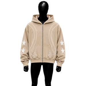 Sweat à capuche zippé oversize beige premium, motif étoile, inspiré des créateurs, mode urbaine moderne, style urbain, élégant au quotidien, qualité premium - Product Image 1