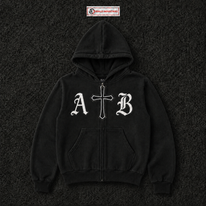 Sudadera con capucha negra personalizada con cremallera, estilo gótico, con gráfico de cruz y letras AB, estilo urbano, unisex, para hombre y mujer - Product Image 5