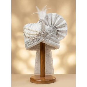 รถขบวนงานแต่งงานสีขาวสำหรับเจ้าบ่าว |   ผ้าโพกหัวประดับมุกและหินทำมือ |   เครื่องประดับศีรษะงานแต่งงานแบบดั้งเดิมของอินเดีย - Product Image 2