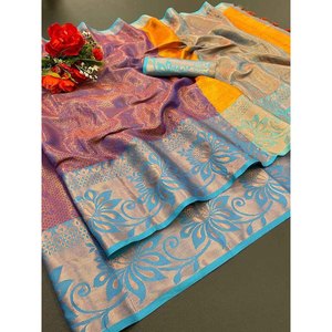 NOUVEAU SAREE EN SOIE SOFT DESIGNER avec BLAISES NON COQUETTESSES, POUR SOIRÉES, COULEUR VIN - Product Image 1