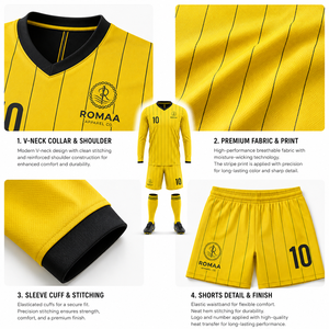 Ensemble Maillot de Foot Personnalisé Jaune et Noir à Manches Longues, Short et Chaussettes, Rayures Fines, Tenue d'Équipe, Fabrication OEM, Qualité Supérieure pour Jour de Match - Product Image 4