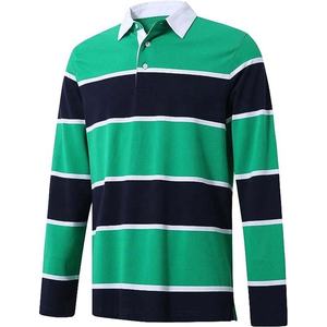 Men's Long Sleeve Striped Polo Shirt Green Navy White Cotton Turn-<b>down</b> Collar Regular Fit All Seasons - Product Image 3