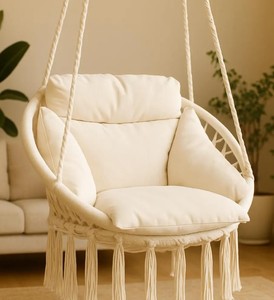 Macrame <b>Hammock</b> Hanging Chair with Cushion, Beige Boho Swing <b>Seat</b> for Bedroom Porch Balcony - Product Image 3