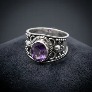 Anillo llamativo de plata de ley 925 con amatista, hecho a mano, estilo bohemio vintage, joyería con gemas, banda ancha y llamativa, venta al por mayor para mujer - Product Image 4
